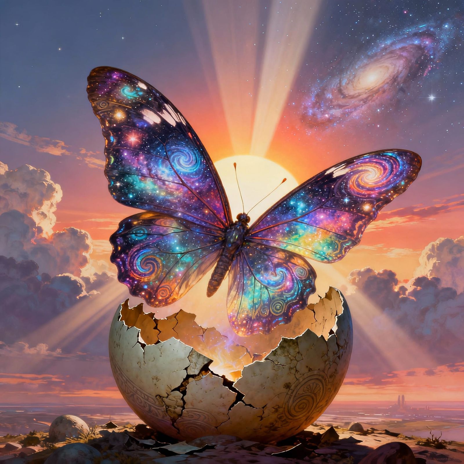 A vibrant, oversized butterfly with wings patterned like a swirling galaxy, emerging from a cracked, ...  by @butterfly21