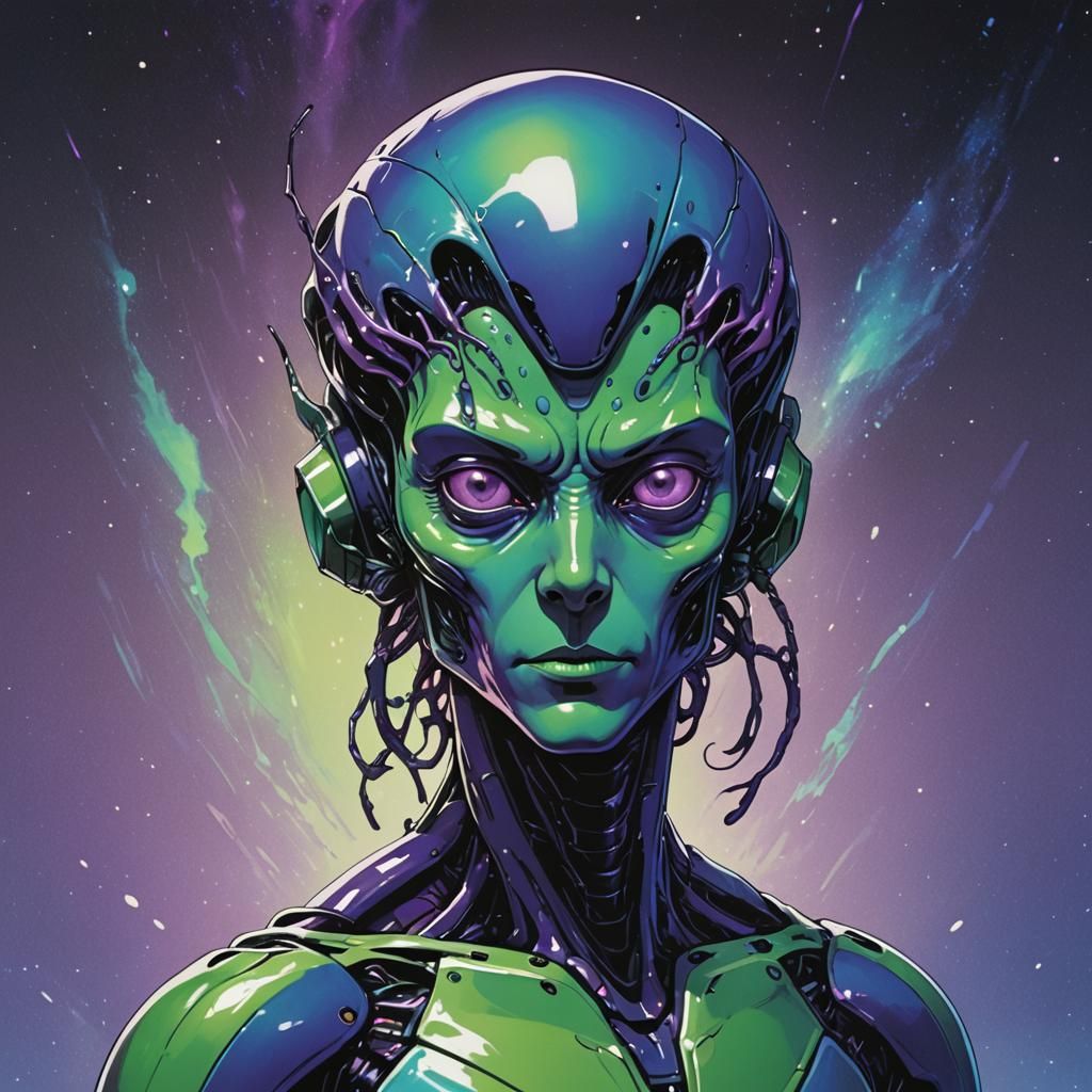 alien, ghost, man, purple, blue, green, antennae, short hair...