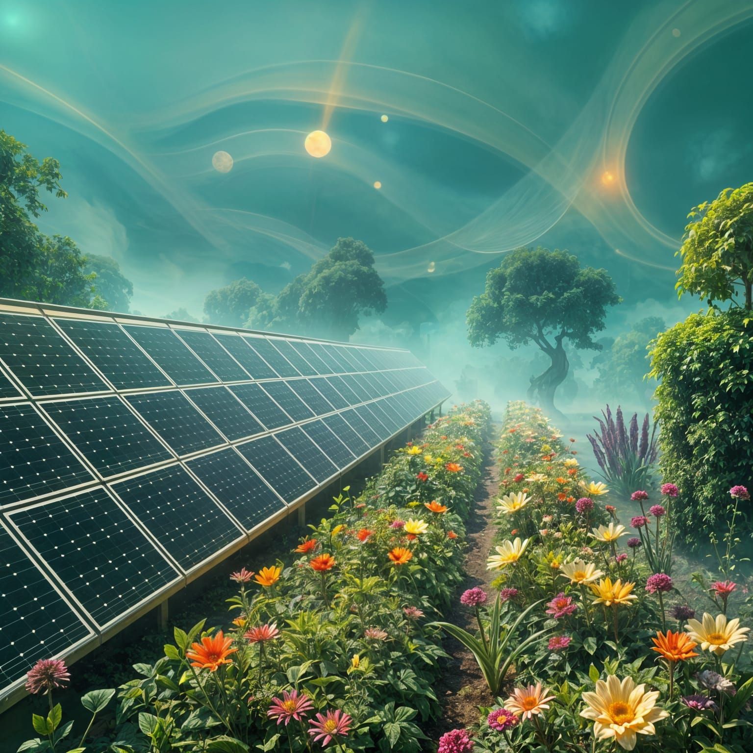 Futuristic garden where solar panels and plants thrive and grow  by @NewAgerJul