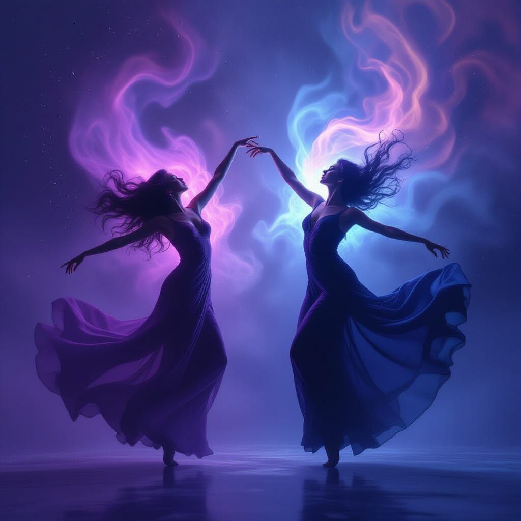 Two dancers in mid-transformation, their bodies fluidly shifting between human and ethereal forms, surrounded by swirling nebulae and cosmic...