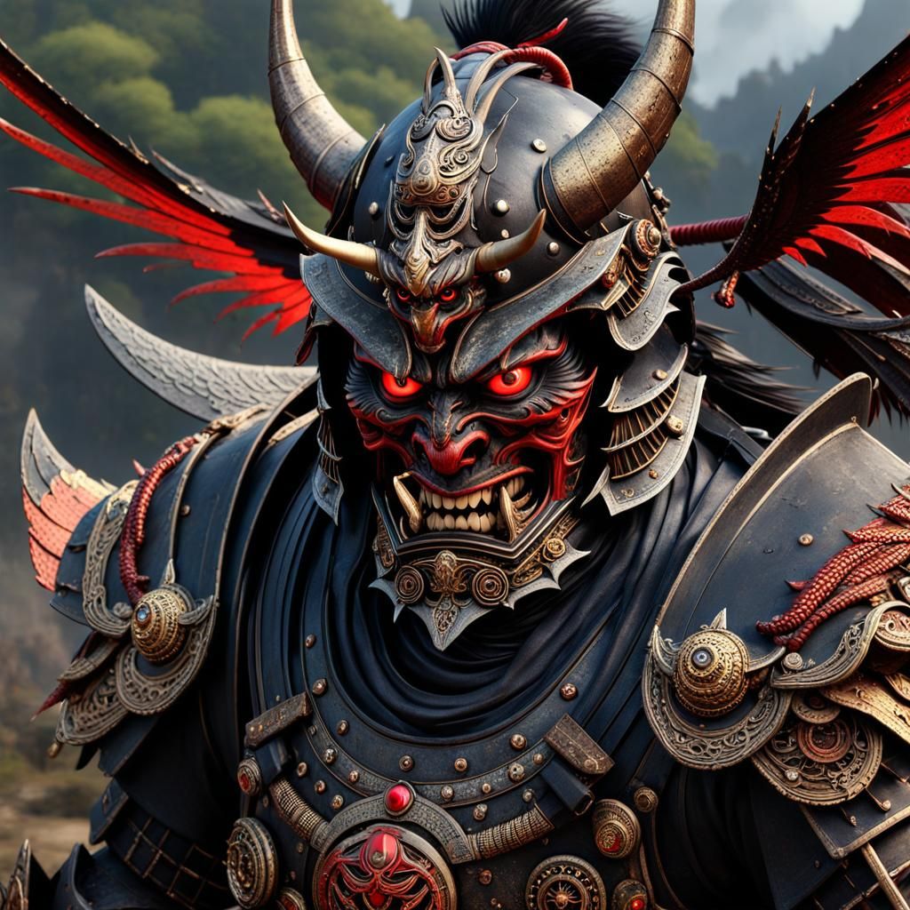 A 1000 year old samurai demon with red piercing eyes, sharp fang teeth and old rusted yet intricate samurai ...  by @Arahia