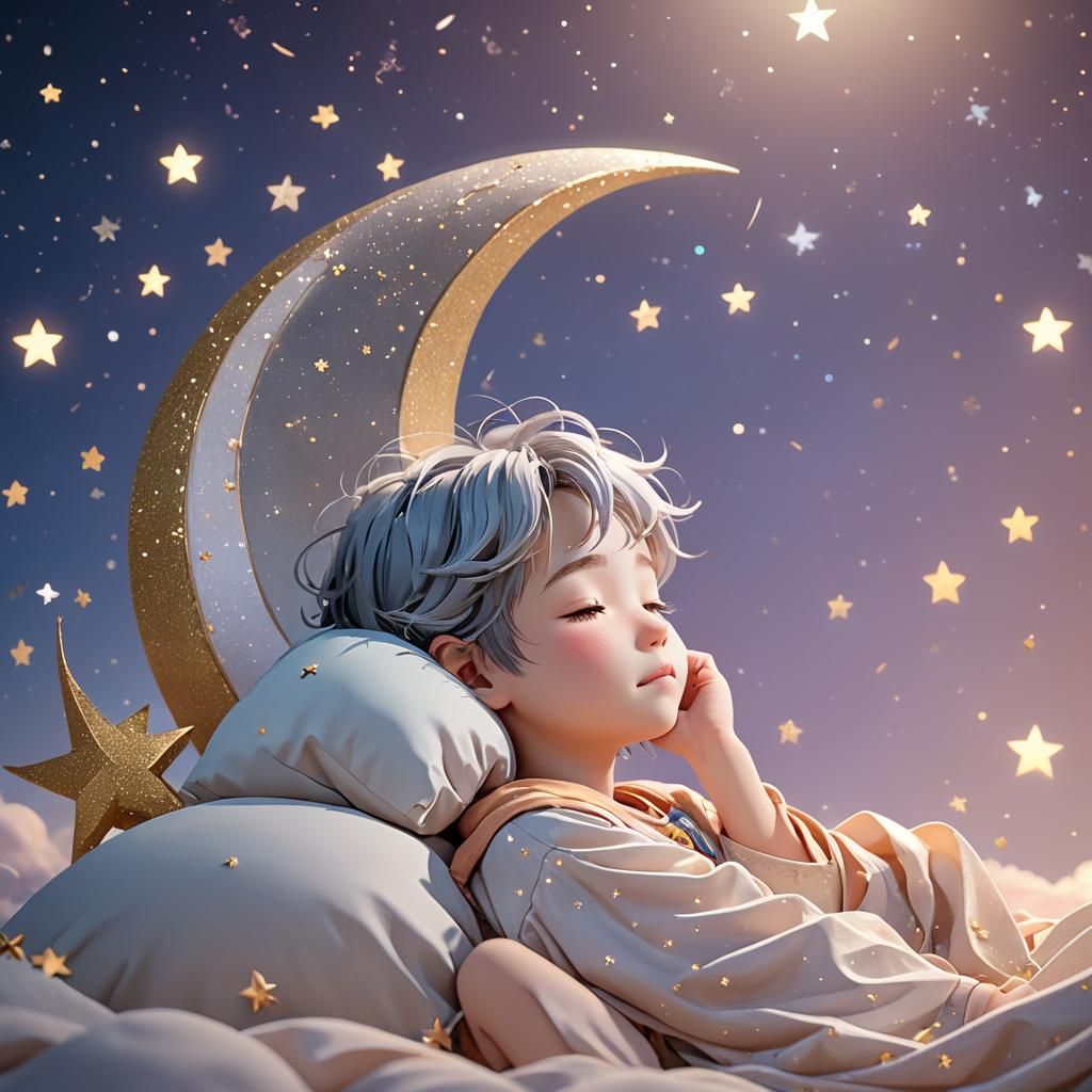 Child Sleeping on Moon in Anime 3D Art