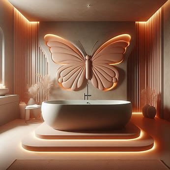 Posh bathroom with bathtub. Butterfly. Taupe and orange colo...