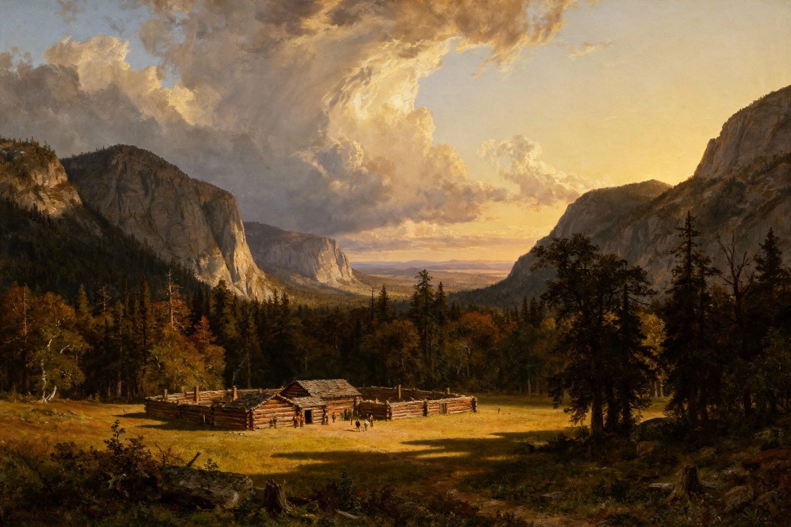 A 19th century oil painting in the style of Thomas Cole of a 18th century American log fort on the frontier ...  by @Clayton