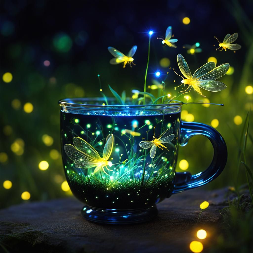 "A magic cup made of sparkly_fireflies!!!" Sparkling sparkly fireflies, inside a glassy, ​​glowing magic ...  by @Giulia