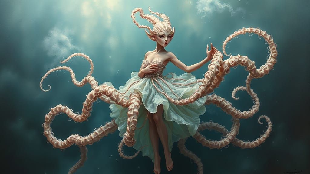 a fantasy sea creature in a jellyfish dress , acrylic on canvas , impasto , hyperrealism   by @symon