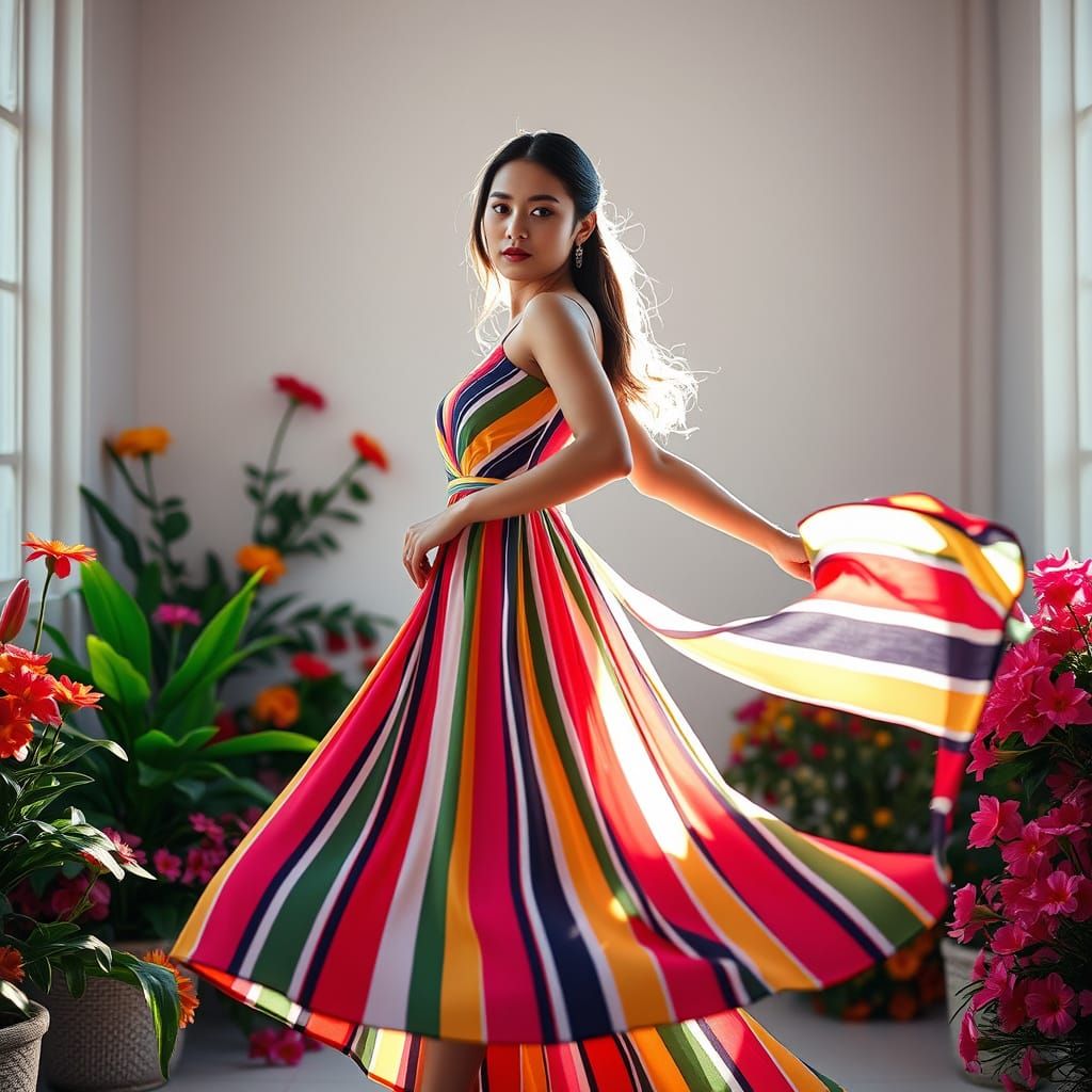 A Filipina wearing a striped dress