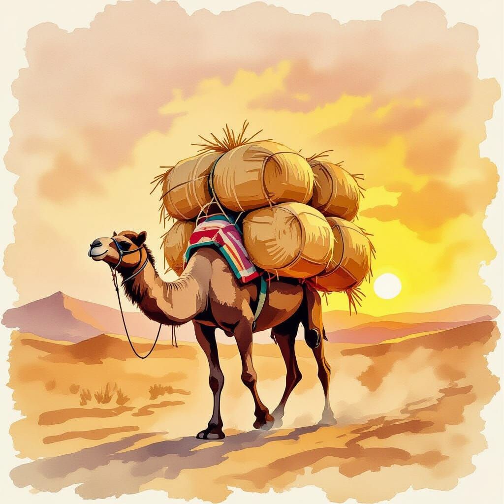 Dusty Camel Laden With Straw in Desert