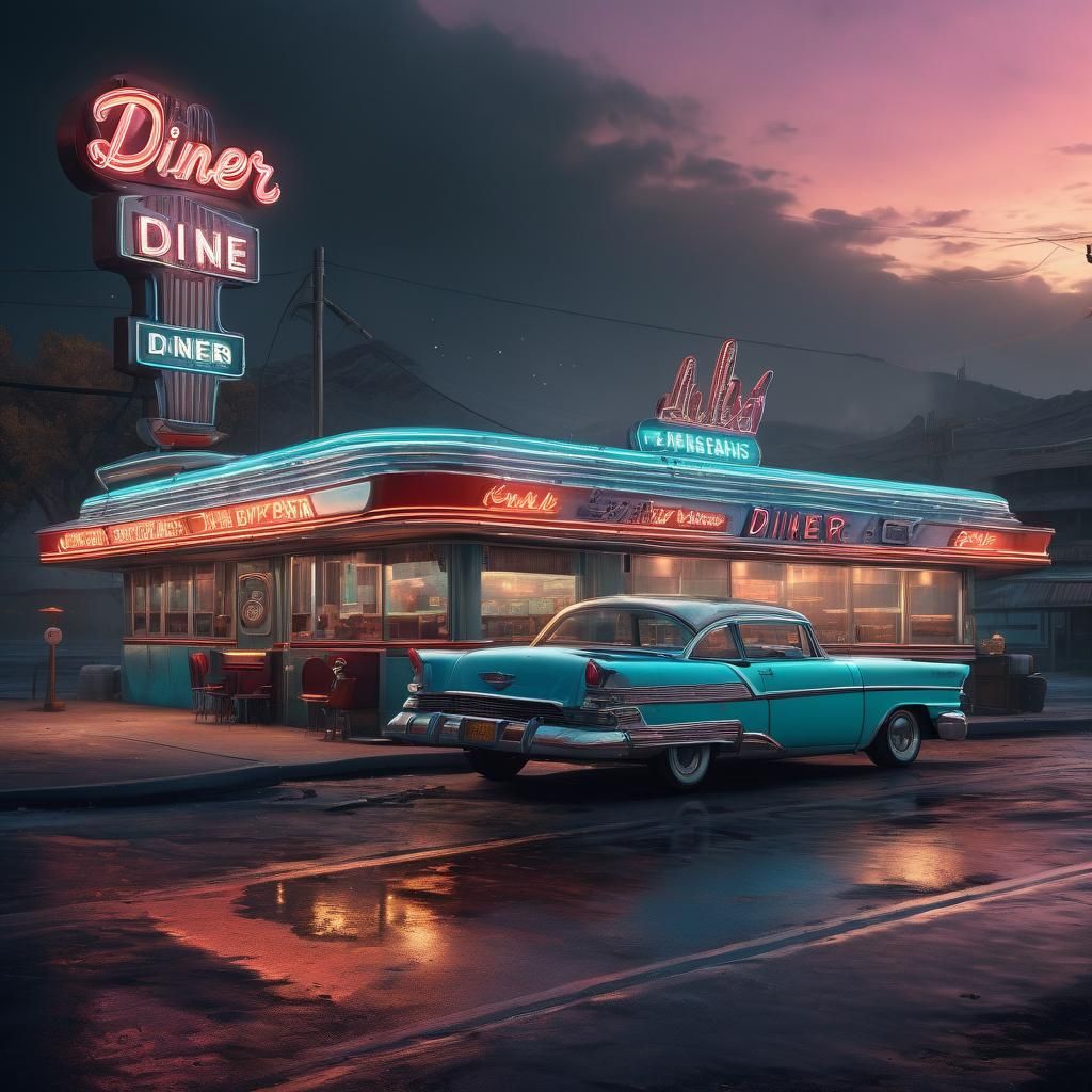vivid scene of nostalgic Americana, a classic 1950s diner with neon signs  by @Younique Creations By Tina