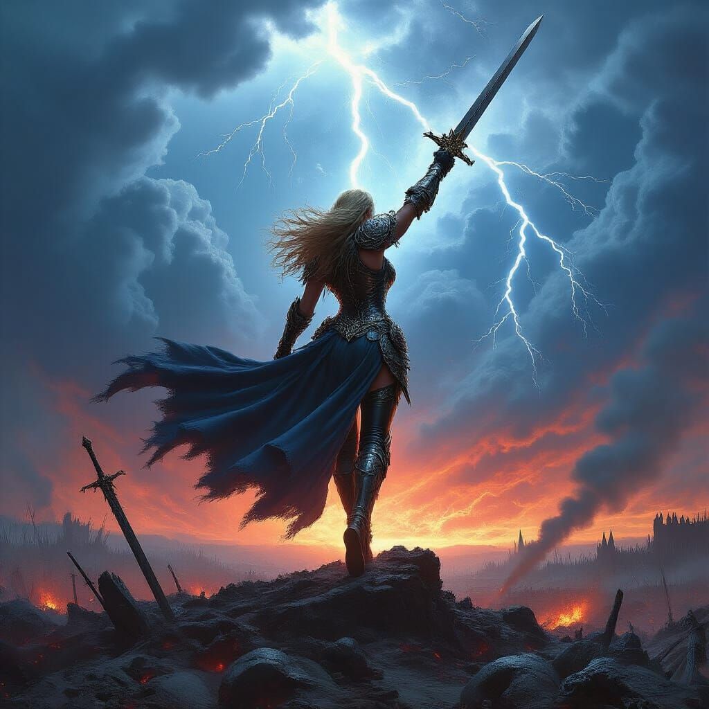  Valkyrie descending from stormy heavens, sword raised, amidst lightning-crackled skies, overlooking a ravaged battlefield, inspired by Fran...