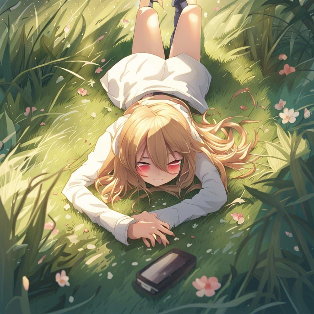 a girl is lying on her back. she is on the ground in the gra...