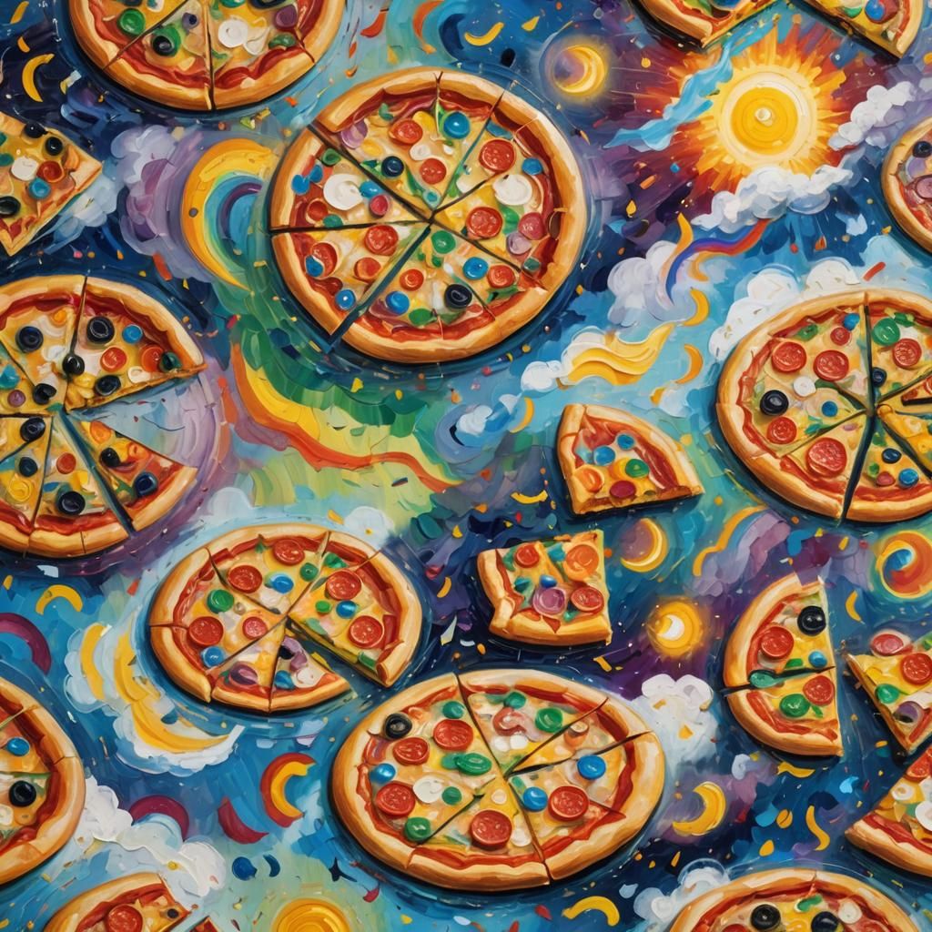 Rainbow Pizza and Cookies in Impressionist Oil Painting
