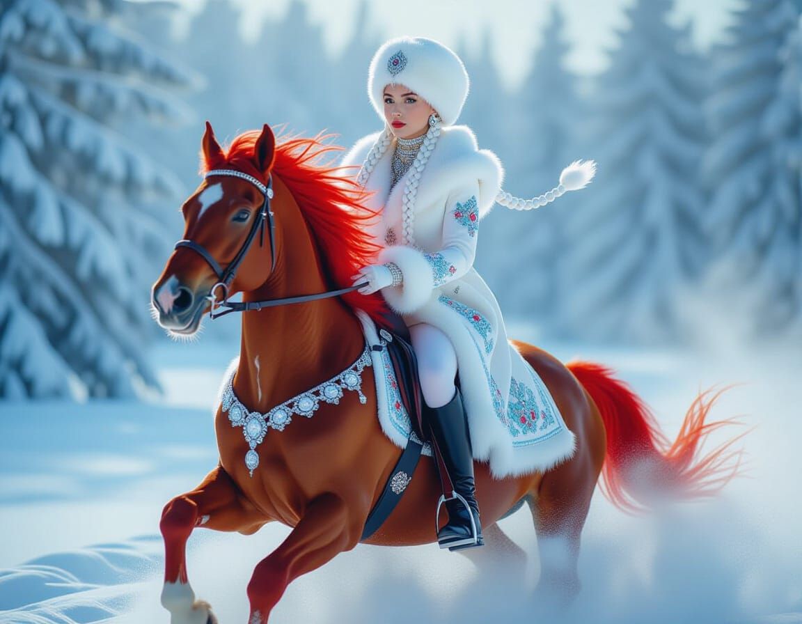 A young lady in Russian style, two white braids, a white hat, a white fur coat with Gzhel embroidery, diamond painting, silver-white azure, ...