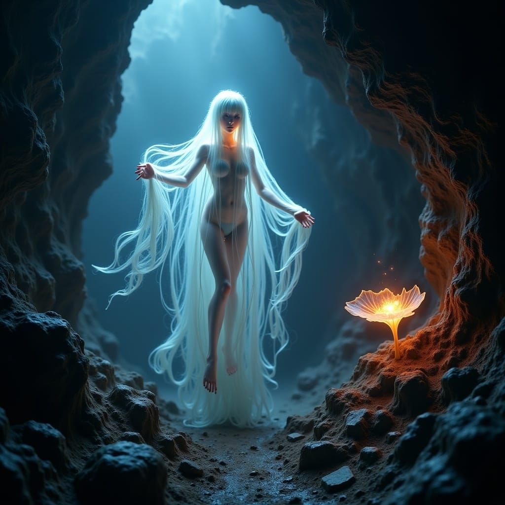 glowing translucent ghost in a cave warming at a little burning flower, concept art, artsy, strange and mythical, amazing depth, creative <l...