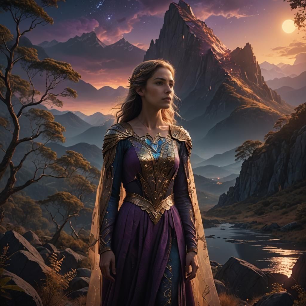 Surreal Nighttime Landscape with Glowing Female Figure in Dr...