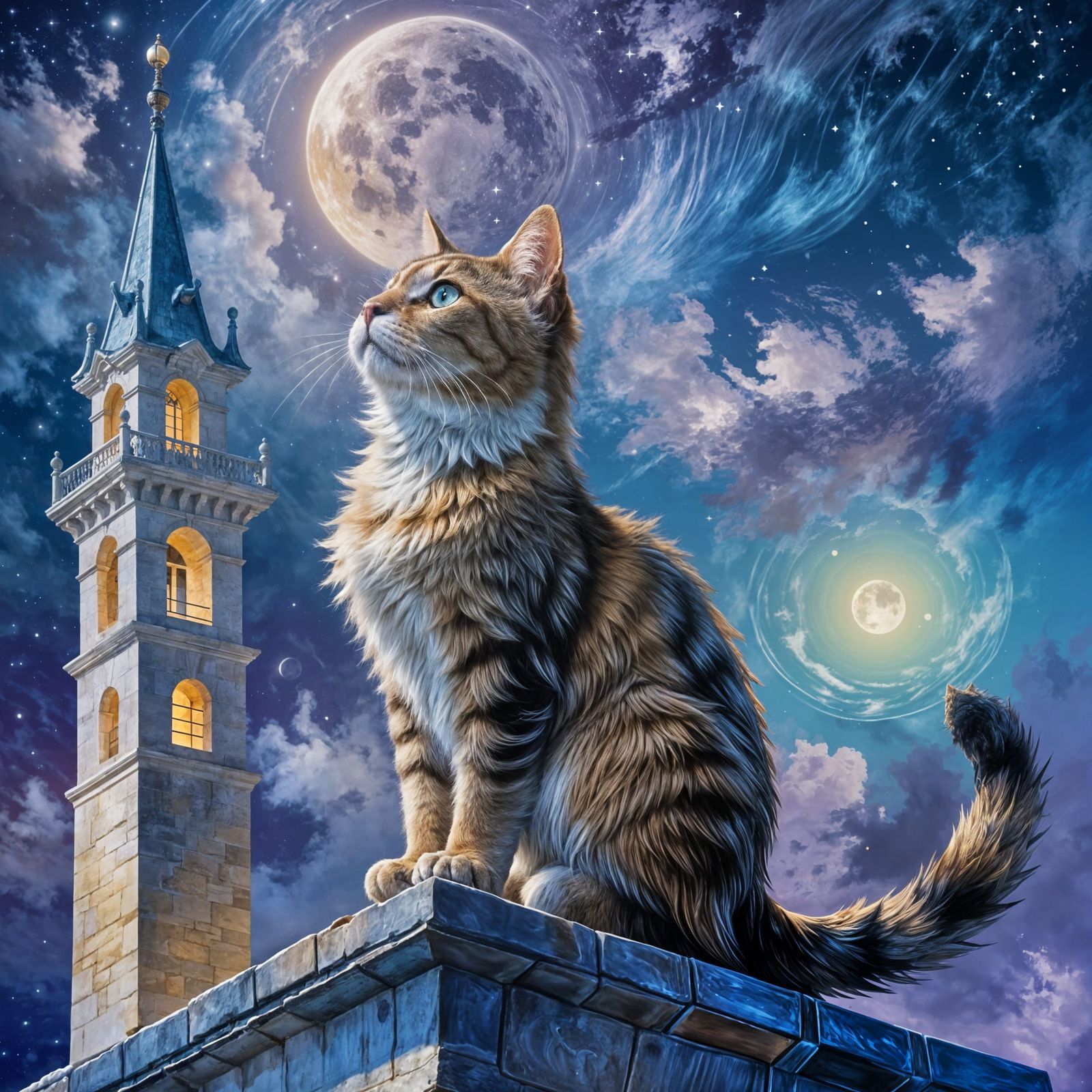 un precioso gato en la noche, subido a un campanario, mirando a una reluciente luna   by @Polhistoria