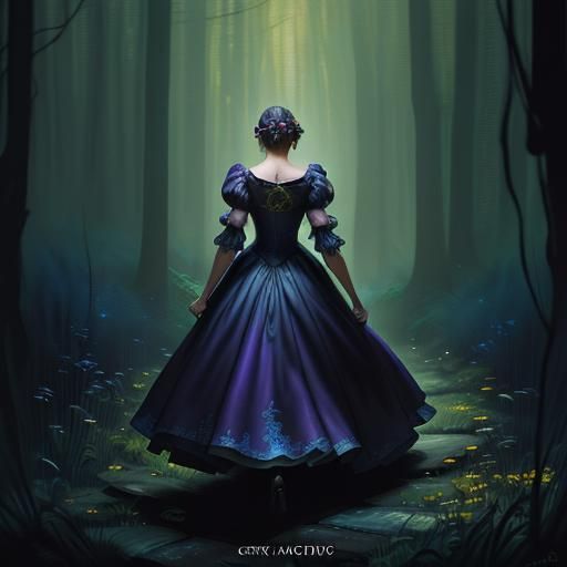 cinderella wearing a huge ballgown running away into a dark ...
