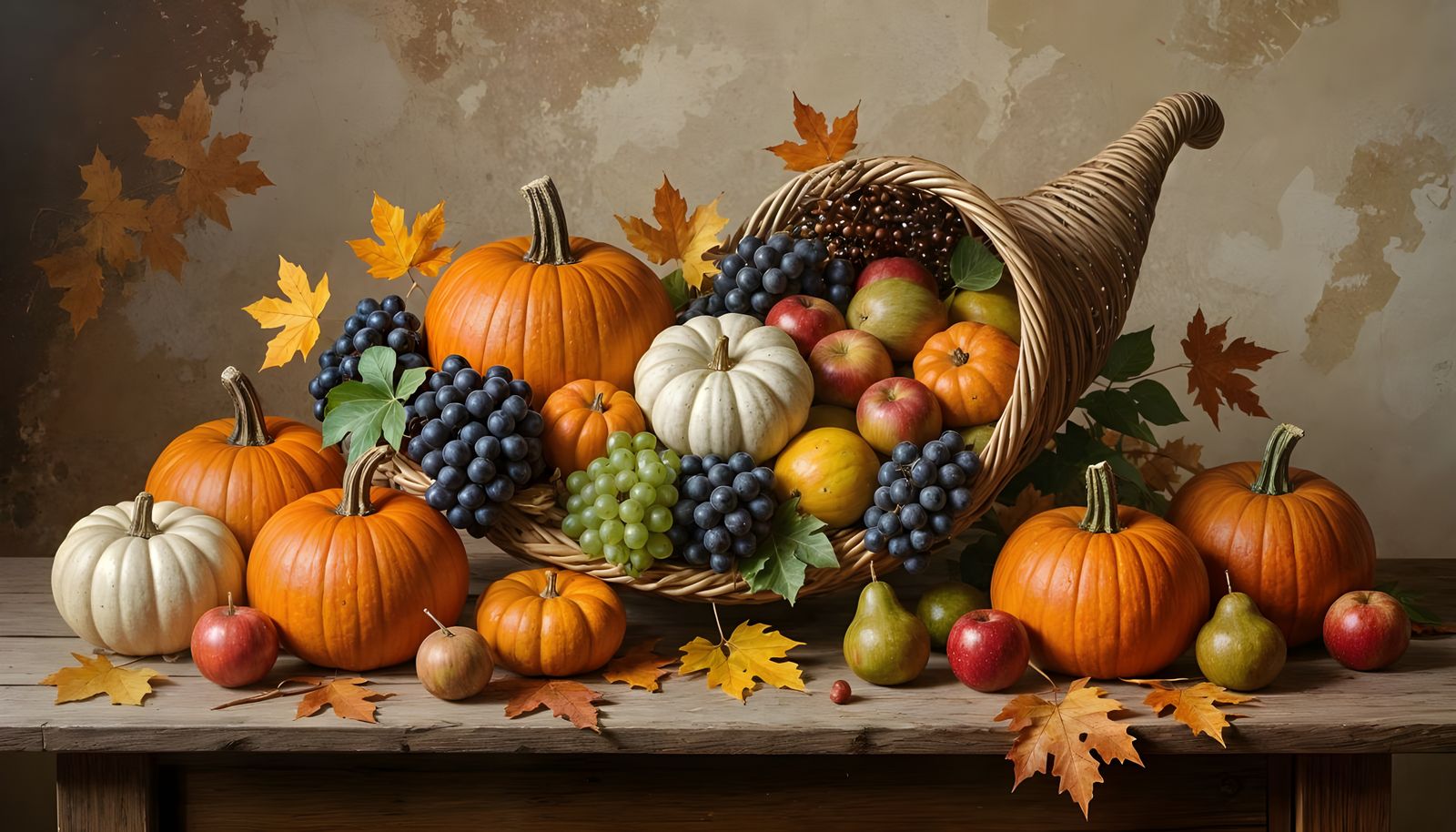 Autumn harvest displayed on a dining table with an overflowing cornucopia centerpiece.   by @grescokit