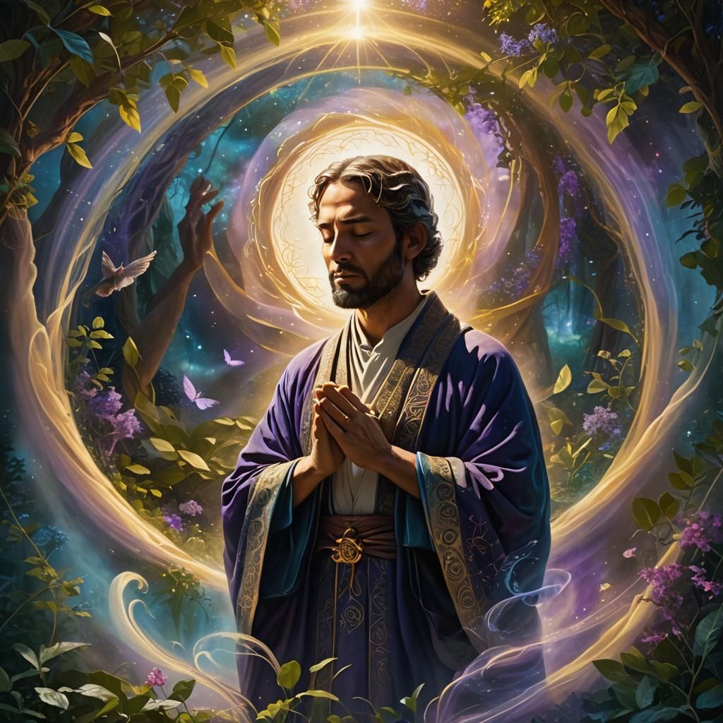 Ethereal Figure in Prayer Amidst Hebrew Scripture