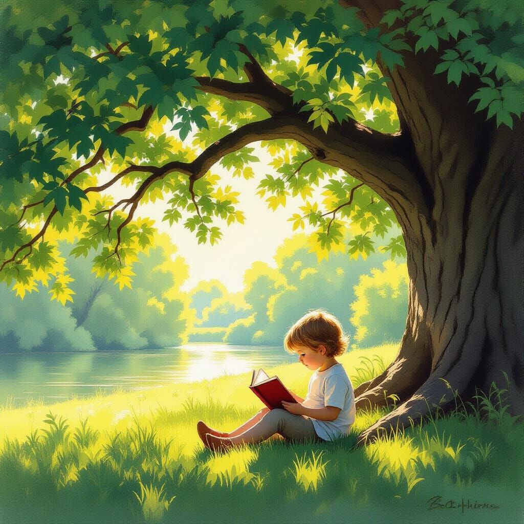 Child Reading Under Oak Tree in Impressionist Style