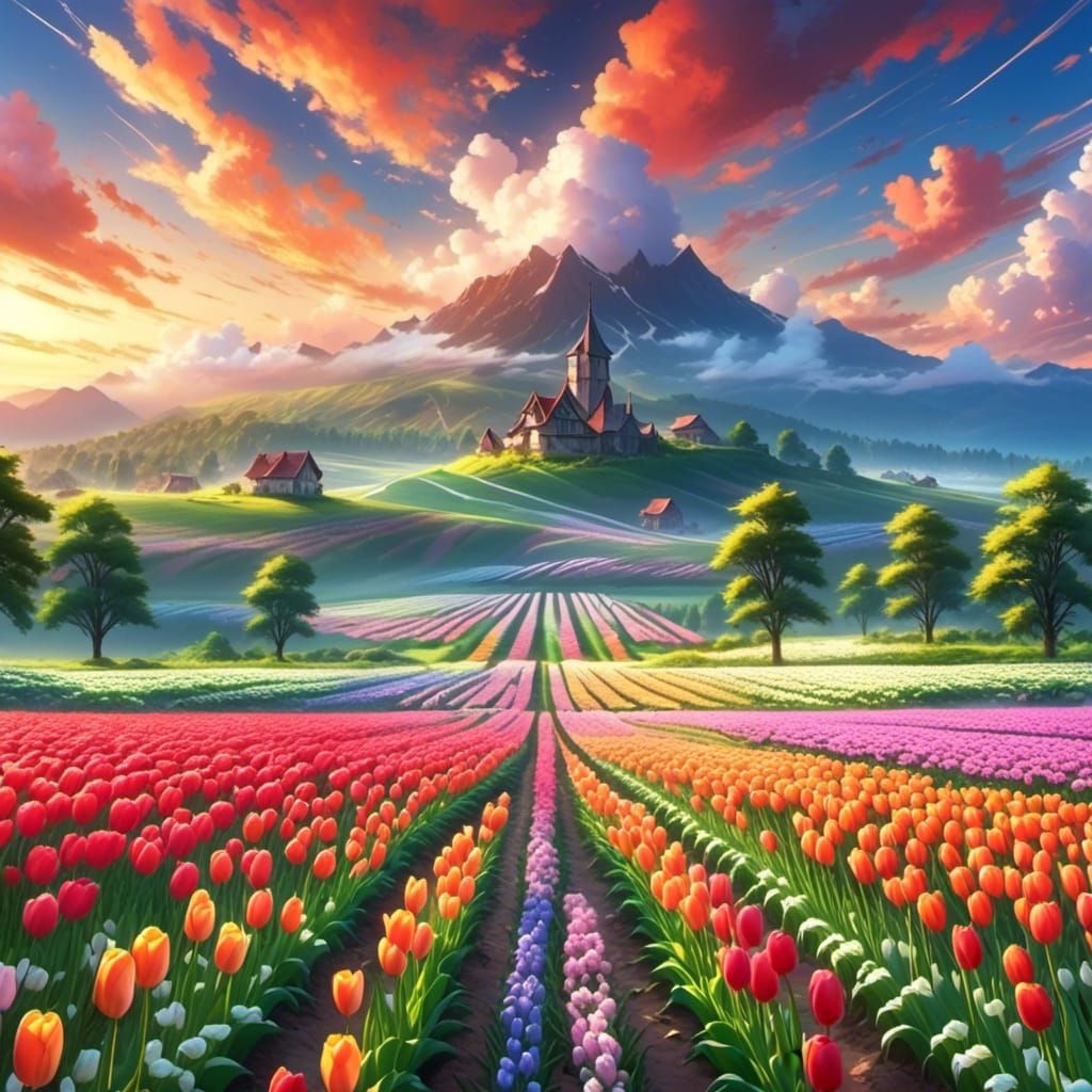 <lora:HD Wallpaper:1.0> A gorgeous tulip field paradise, ethereal beauty, high definition anime art, HDR, 4K Ultra HD 