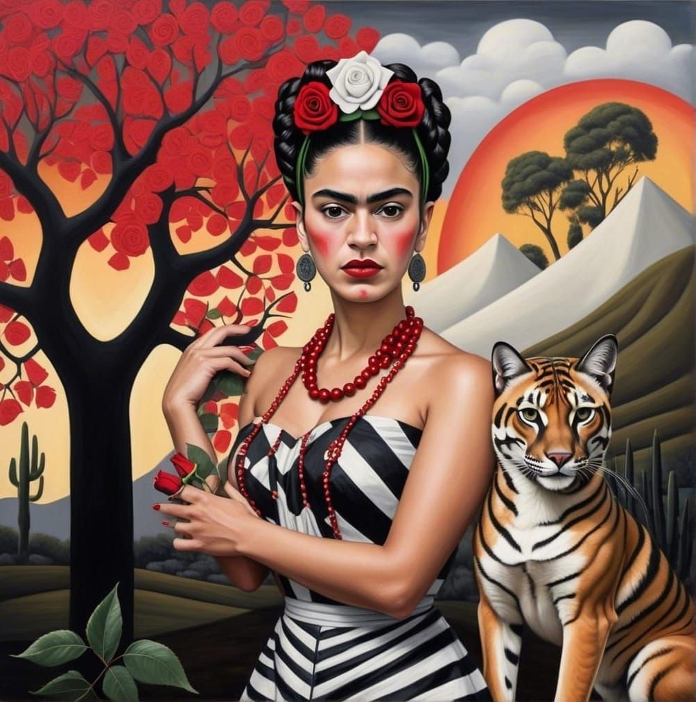 Fierce Beauty with Tiger in a Surreal Landscape