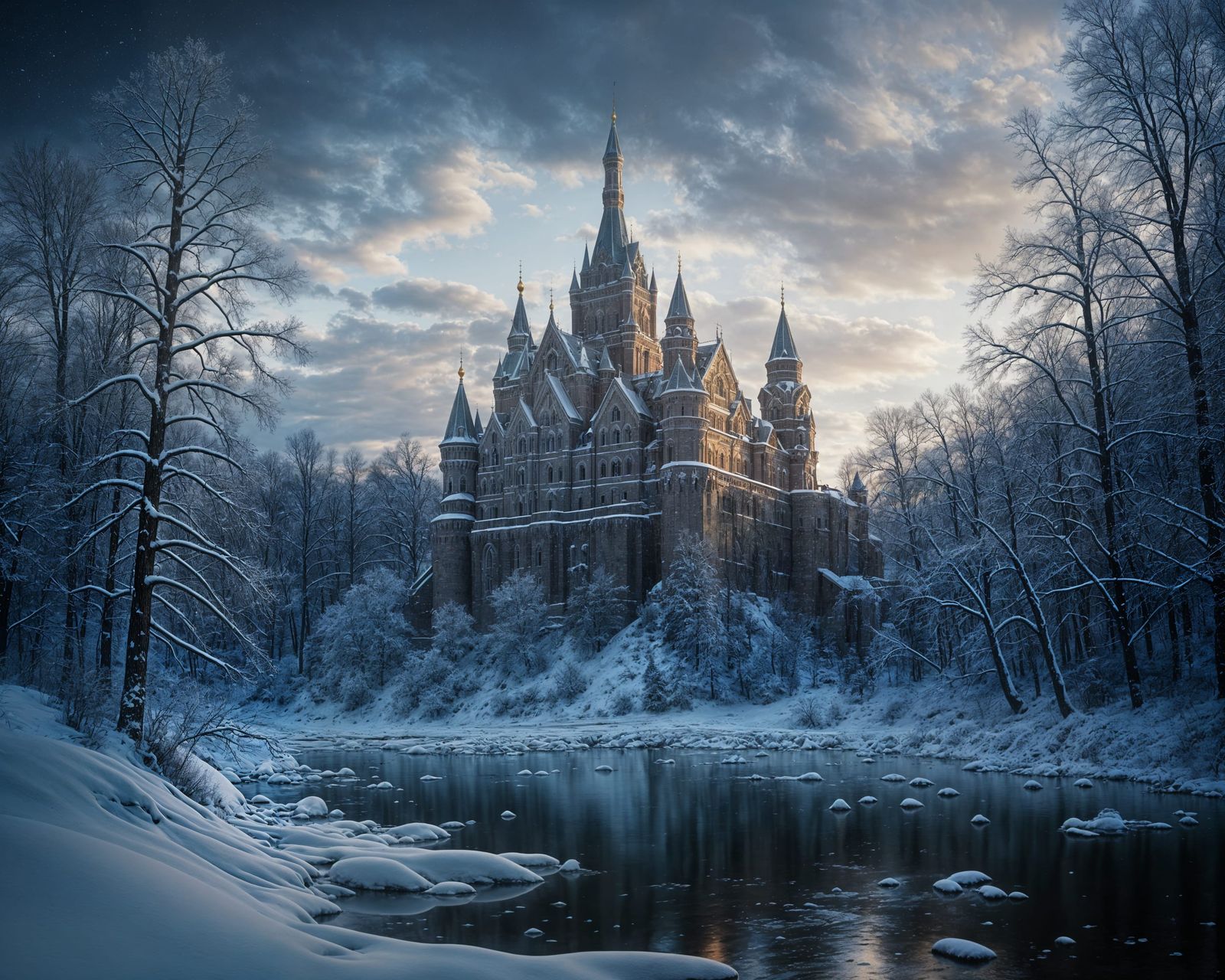 A grand Russian castle nestled deep within a vast, snow-blanketed forest during the heart of winter.   by @Queen274