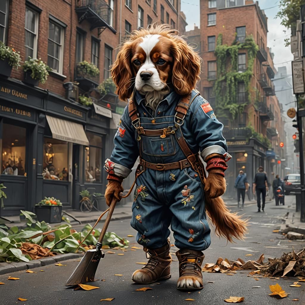 King Charles Spaniel sweeping the streets in overalls  by @Dr T