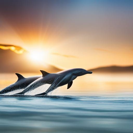 Three dolphins surfing a wave