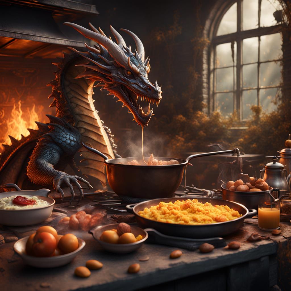 A dragon cooking breakfast