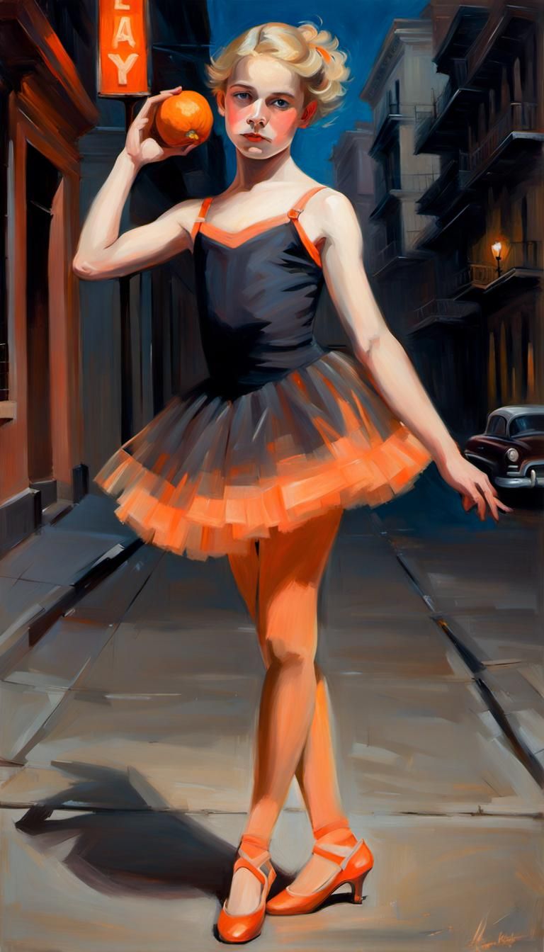 Ballerina boy dancing with papaya in Cuban street by night