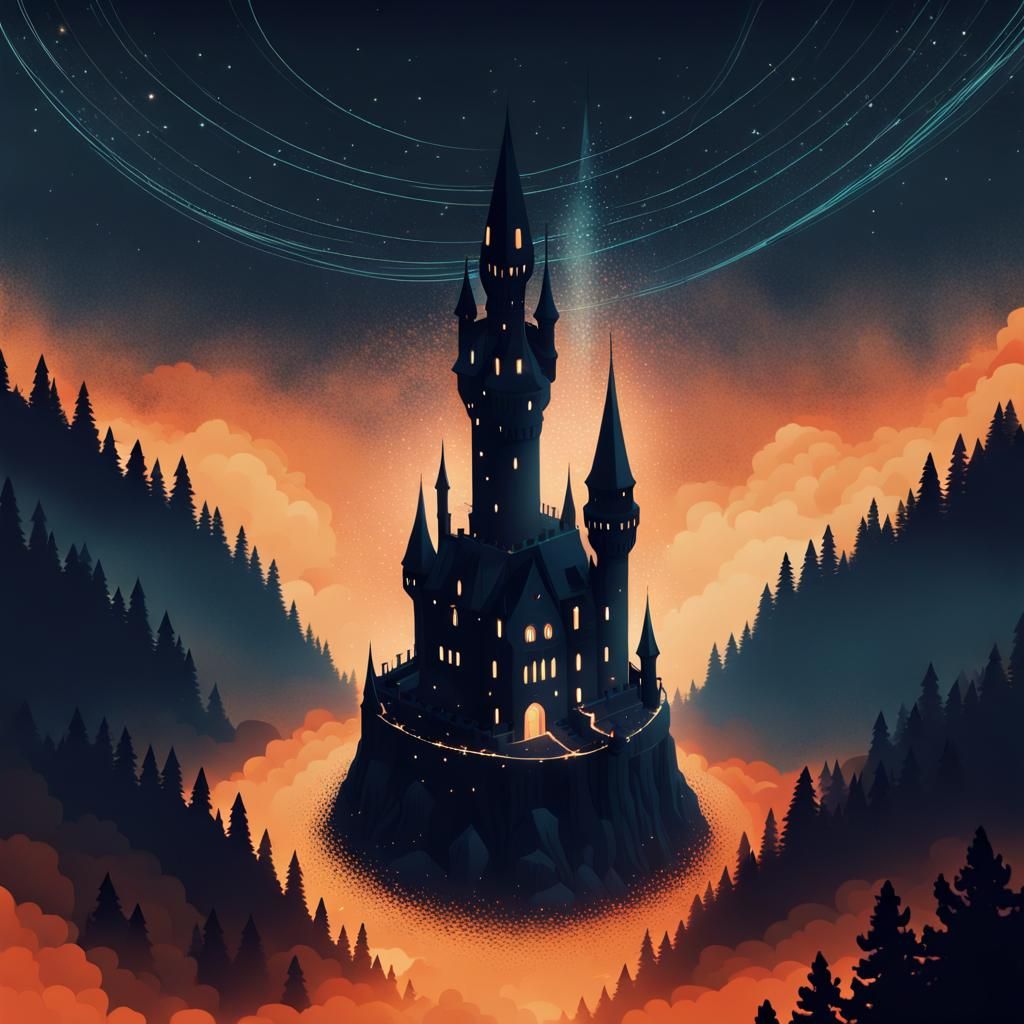 isometric view of a gothic castle swirling with wispy runic ...