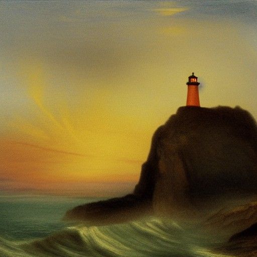 A lonely Lighthouse on a windswept crag, at sunset, as paint...