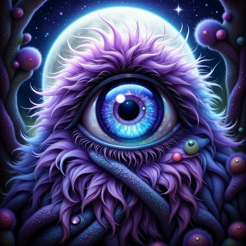 purple & blue furry whimsical quartz eyeball; <lora:Flux Furry Fantasy:1.0> olpntng style a full moon background, silky oil painting on canv...