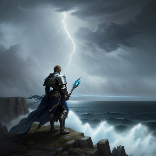 Knight on Stormy Cliff Overlooking Sea