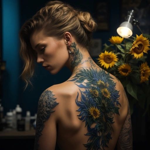 Tattoo artist Vincent van Gogh male tattooing a back piece o...