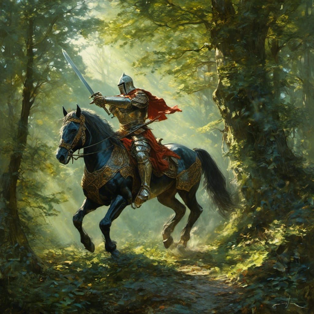<lora:MJ6 Dark Fantasy:1.0> A A medieval knight battling a mythical creature in a sunlit glade, hyperrealistic, photorealistic, insane clar...
