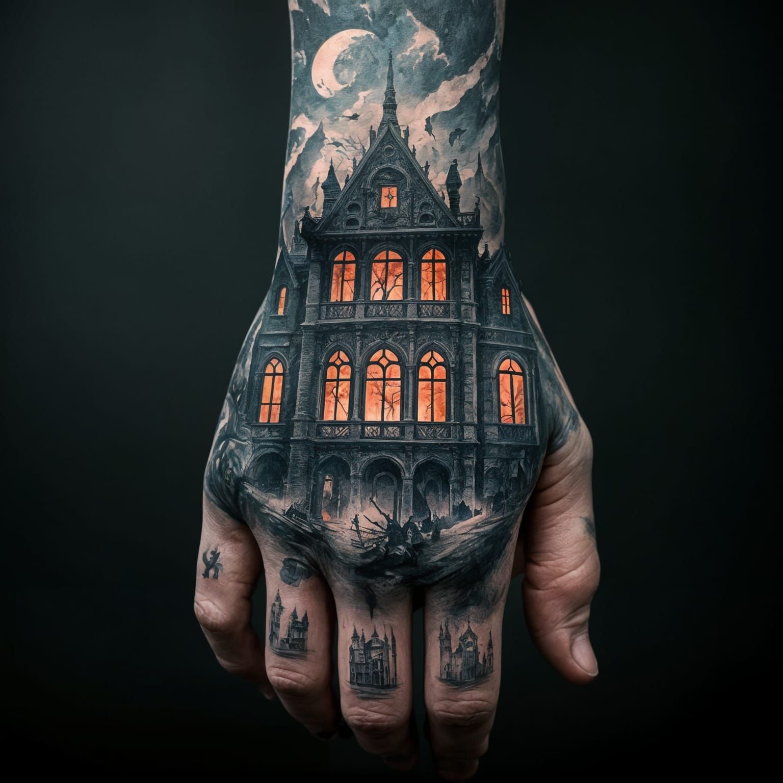 A surrealist tattoo design on the palm of a hand, featuring a haunted mansion with broken windows carved into the center.