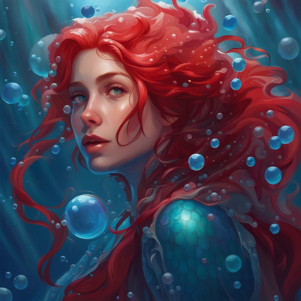 red mermaid in a blue seaweed ocean full of bubbles head and shoulders ...