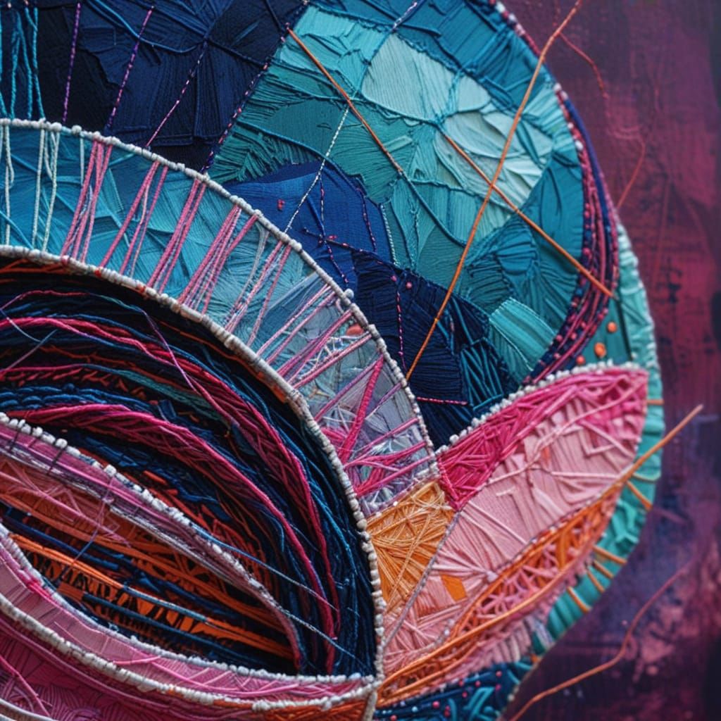 Rembrandt-Inspired Embroidery Art in Vibrant Blues and Pinks