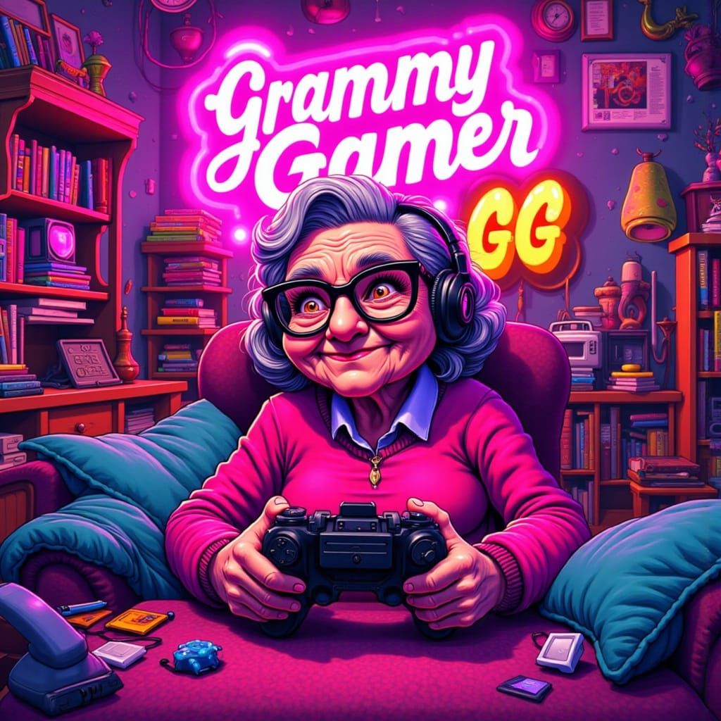 Grammy Gamer. A cute little old lady grandmother sitting on a messy sofa and playing a video game As ...  by @Sybil Thorn