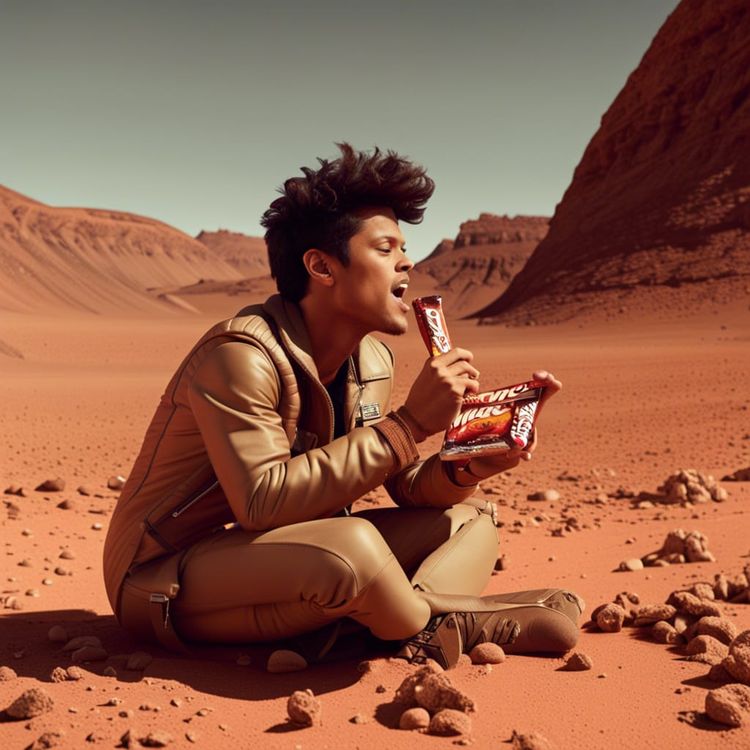 Bruno Mars eating a Mars bar on Mars AI Generated Artwork NightCafe