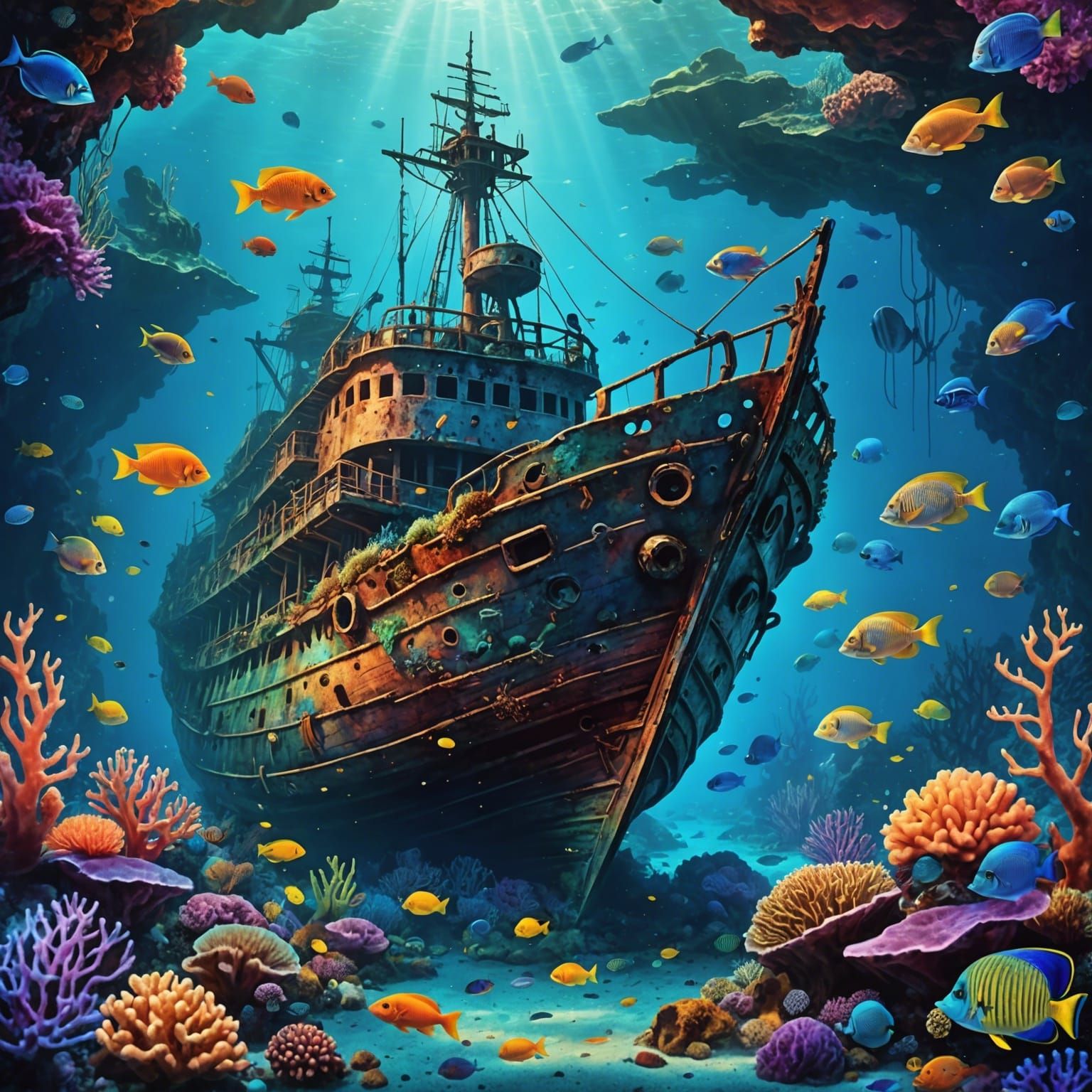 An image of a mysterious underwater ship wreck with coral an...