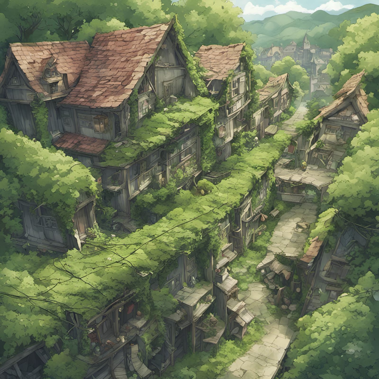 Overgrown town covered in vines and moss