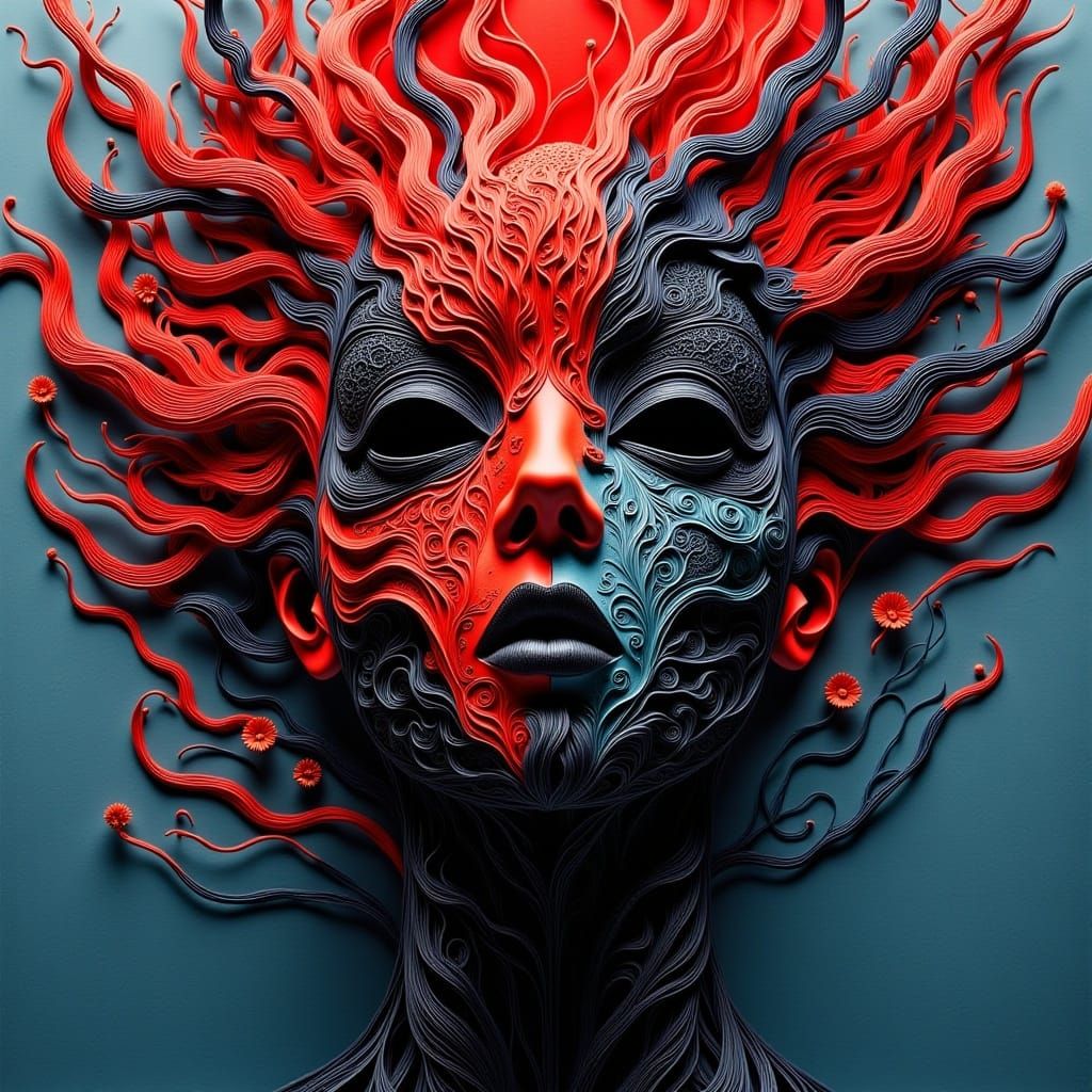 <lora:Organic Macabre Flux:1.0> emotive mask, expressionism, bold colors, exaggerated forms, dynamic brushwork, psychological depth, inner t...