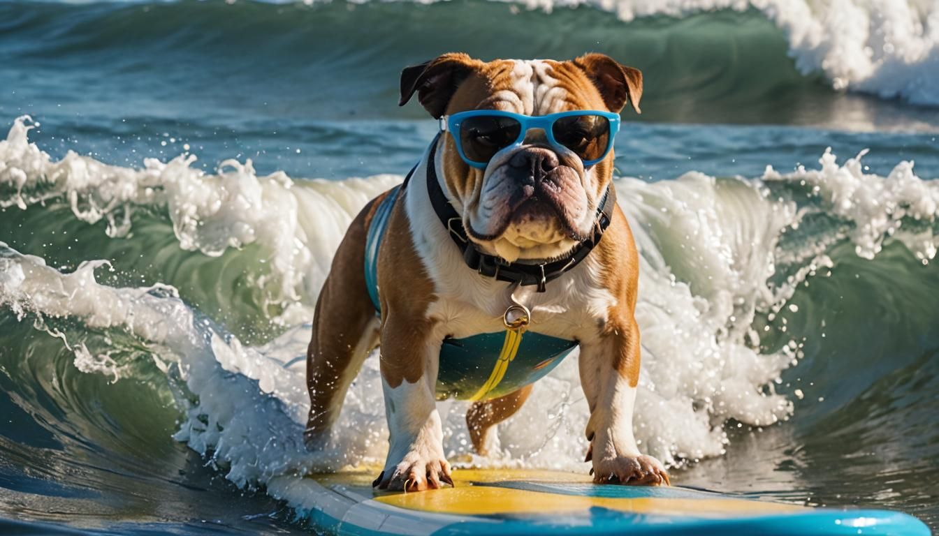 Bulldog Surfing Blue Waves in Sunglasses