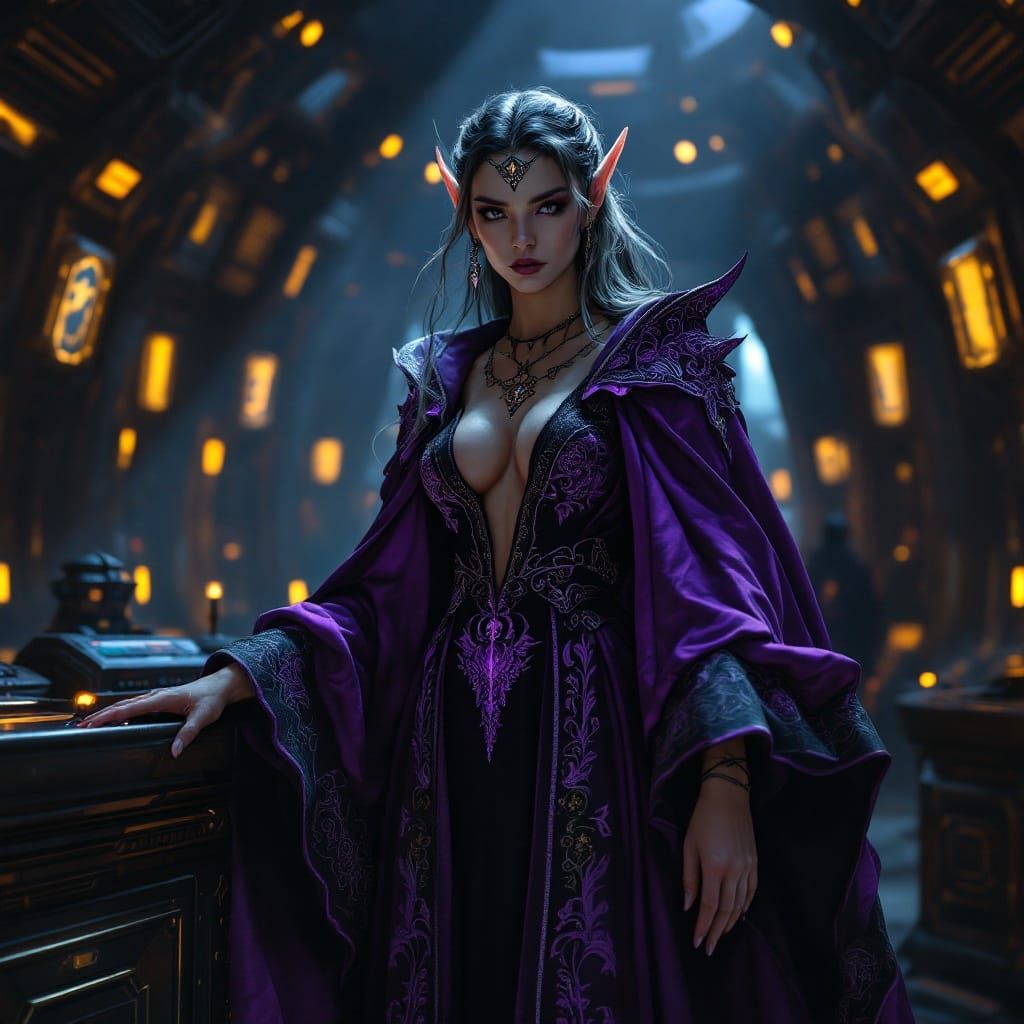 beautiful elf, diplomat, on the bridge of a spelljammer style spaceship, large chest, in flowing purple and black robes with a v cut in the...
