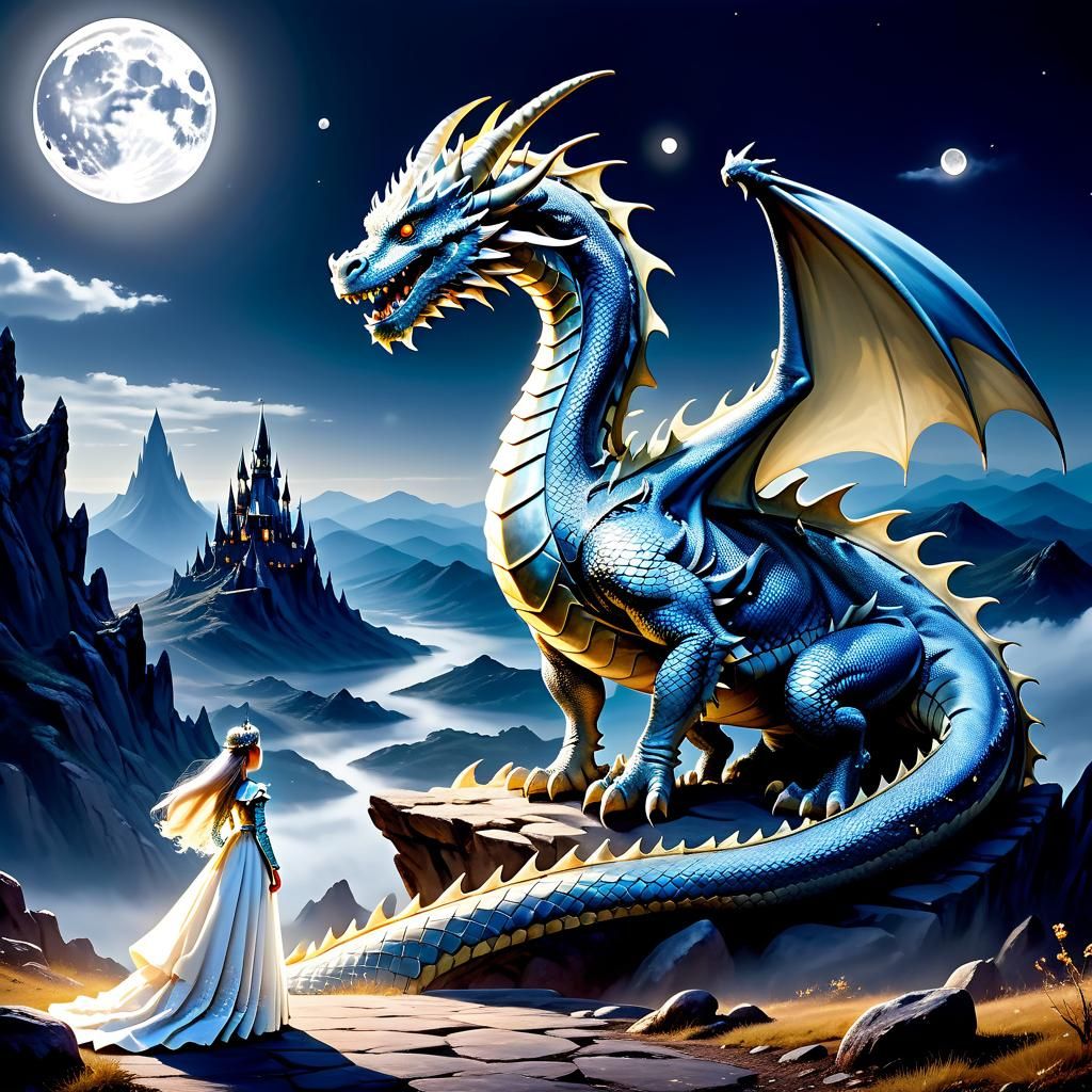 .
Un dragón se cierne cerca de una reina real con cabello bl...
