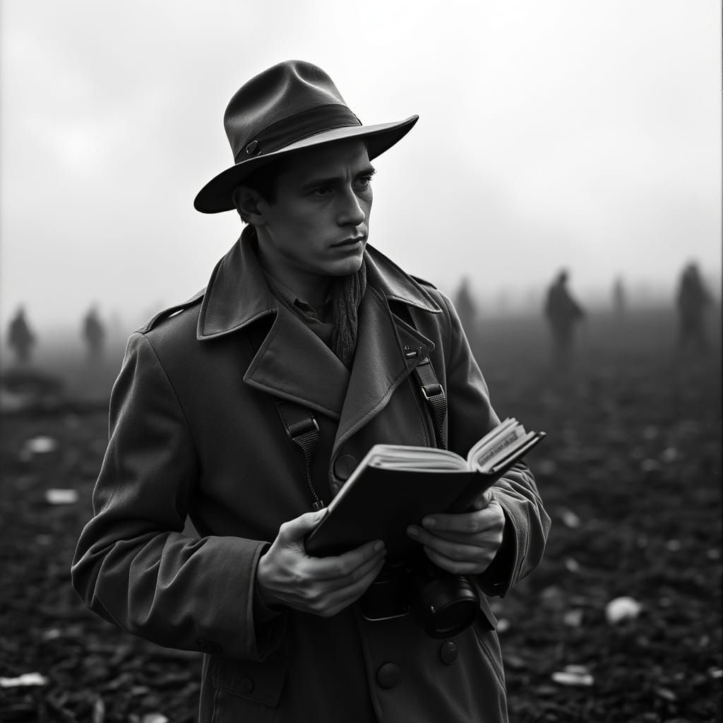 Young journalist reports during WW1 with notes and camera in hand black and white art style   by @Chris Hinrichsen