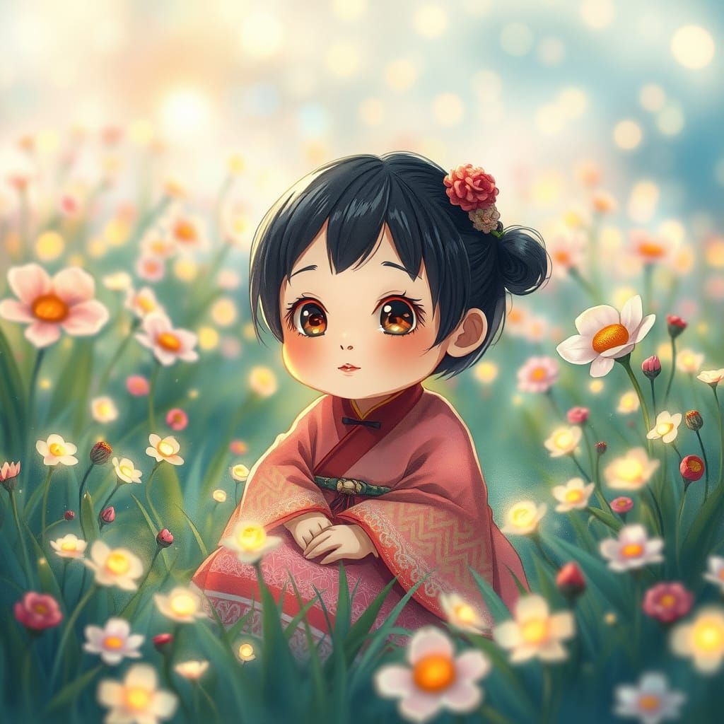 Korean Child in Field of Fireflies, Anime Style